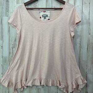 Neiman Marcus Blouse Top Large Pastel Pink Blush Ruffle Handkerchief Hem Cottage